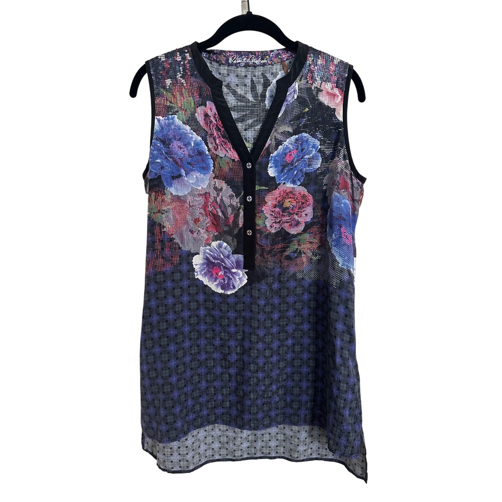 Robert Graham Silk Blend Floral Plaid Sleeveless Tunic Top Crystal Buttons S